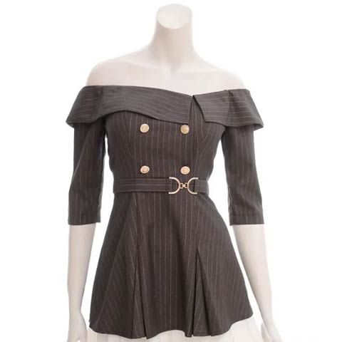 11/28新作!【今だけポイント20倍】[an]オフショル五分袖ストライププリーツAラインミニ丈キャバドレス[AOC-4018](グレー×ブラック-Sサイズ)