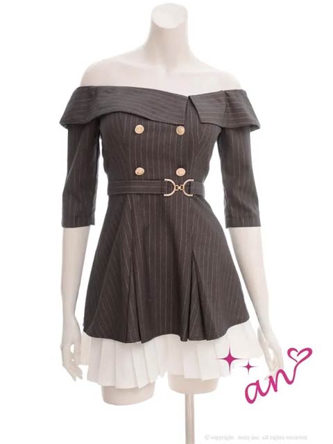 11/28新作!【今だけポイント20倍】[an]オフショル五分袖ストライププリーツAラインミニ丈キャバドレス[AOC-4018]