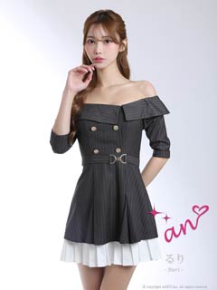 11/28新作!【今だけポイント20倍】[an]オフショル五分袖ストライププリーツAラインミニ丈キャバドレス[AOC-4018]
