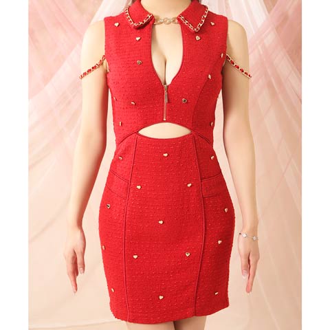 12/8新作!【ポイント20倍】[an]襟付きノースリーブハートスタッズウエストカットジップタイトミニ丈キャバドレス[AOC-3981](レッド-Mサイズ)