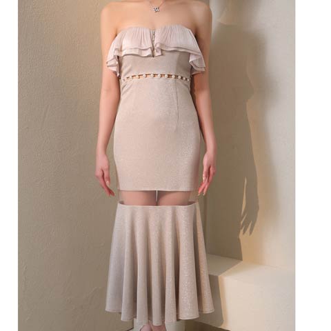 2/12再入荷!【ポイント20倍】[GLAMOROUS by Andy]ベアトップフリルパールシアーマーメイドロング丈キャバドレス[GMS-V893](ピンクXベージュ-Sサイズ)