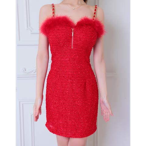 12/8新作!【ポイント20倍】[an]キャミソールファーフロントジップタイトミニ丈キャバドレス[AOC-4015](レッド-Sサイズ)