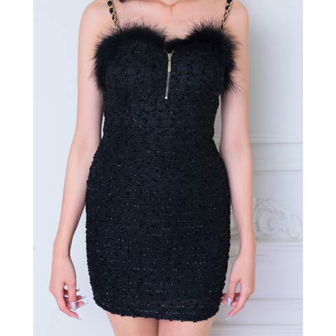 2/25再販!【ポイント20倍】[an]キャミソールファーフロントジップタイトミニ丈キャバドレス[AOC-4015](ブラック-XSサイズ)