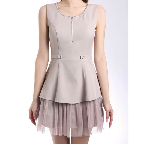 12/8新作!【ポイント20倍】[an]ノースリーブフロントジップビジューボタンプリーツAラインミニ丈キャバドレス[AOC-4025](ピンク×ベージュ-Sサイズ)