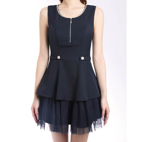 12/8新作!【ポイント20倍】[an]ノースリーブフロントジップビジューボタンプリーツAラインミニ丈キャバドレス[AOC-4025](ネイビー-Sサイズ)