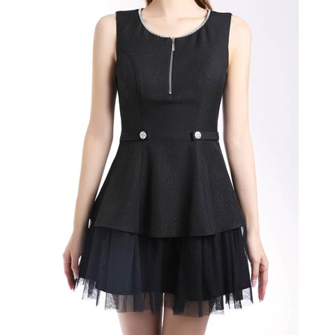 12/8新作!【ポイント20倍】[an]ノースリーブフロントジップビジューボタンプリーツAラインミニ丈キャバドレス[AOC-4025](ブラック-Sサイズ)