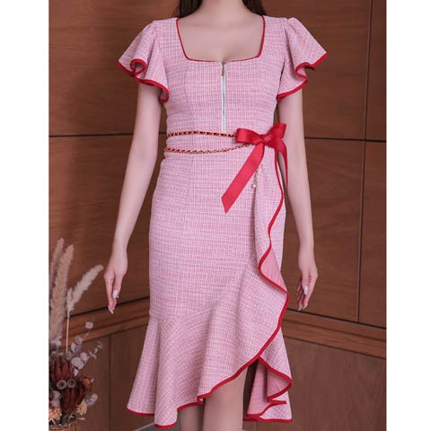 12/12新作!【今だけポイント20倍】[Andy]ツイードジップチェーンリボンフリル半袖マーメイド膝丈ドレス[AN-ON2845](レッド-Sサイズ)