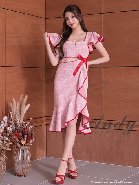 12/12新作!【今だけポイント20倍】[Andy]ツイードジップチェーンリボンフリル半袖マーメイド膝丈ドレス[AN-ON2845]