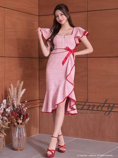 12/12新作!【今だけポイント20倍】[Andy]ツイードジップチェーンリボンフリル半袖マーメイド膝丈ドレス[AN-ON2845]