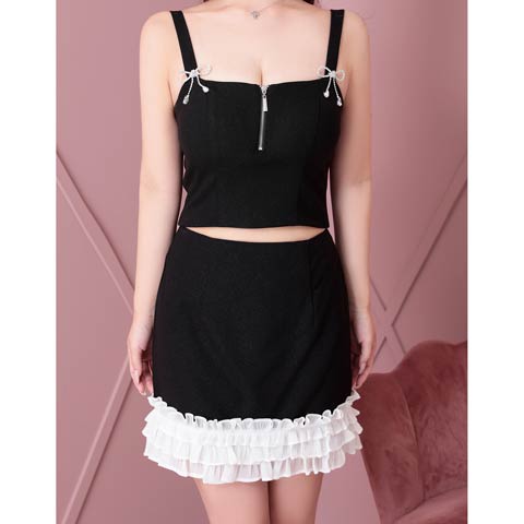 12/12新作!【今だけポイント20倍】[an]ノースリーブジップリボンビジューフリルミニ丈セットアップ[AOC-4020](ブラック×ホワイト-Sサイズ)