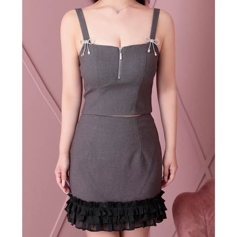2/12再入荷!【今だけポイント20倍】[an]ノースリーブジップリボンビジューフリルミニ丈セットアップ[AOC-4020](グレーXブラック-Sサイズ)