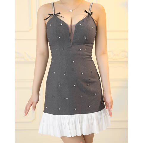 12/12新作!【今だけポイント20倍】[an]キャミソールシアーラメビジューリボンAラインミニ丈キャバドレス[AOC-3999](グレー-Sサイズ)