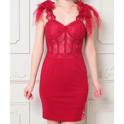 12/10新作!【ポイント20倍】[an]チュールリボンレースコルセットラインタイトミニ丈キャバドレス[AOC-3590](レッド-Sサイズ)