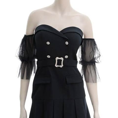 12/10新作!【ポイント20倍】[an]ダブルボタン2wayチュール袖プリーツAラインミニ丈キャバドレス[AOC-4024](ネイビー-Sサイズ)