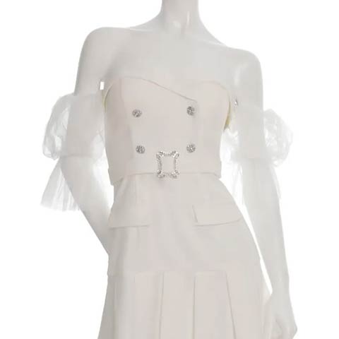 12/10新作!【ポイント20倍】[an]ダブルボタン2wayチュール袖プリーツAラインミニ丈キャバドレス[AOC-4024](ホワイト-Sサイズ)