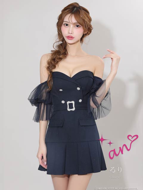 12/10新作!【ポイント20倍】[an]ダブルボタン2wayチュール袖プリーツAラインミニ丈キャバドレス[AOC-4024]