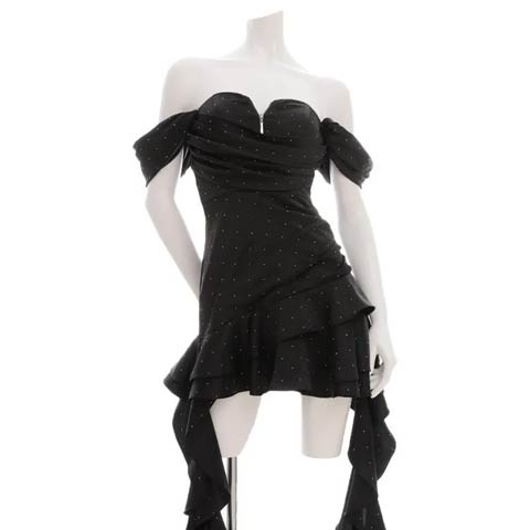 12/12新作!【今だけポイント20倍】[an]オフショルジップラインストーンドレープフリルAラインミニ丈キャバドレス[AOC-4033](ブラック-XSサイズ)