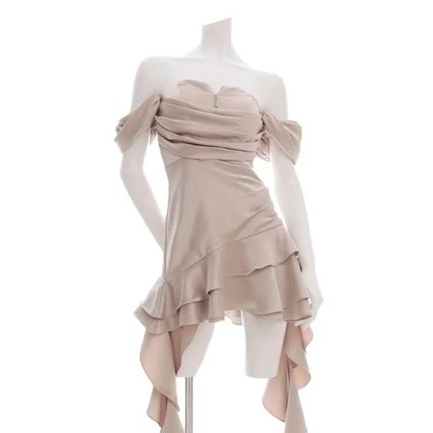 12/12新作!【今だけポイント20倍】[an]オフショルジップラインストーンドレープフリルAラインミニ丈キャバドレス[AOC-4033](ピンク×ベージュ-XSサイズ)