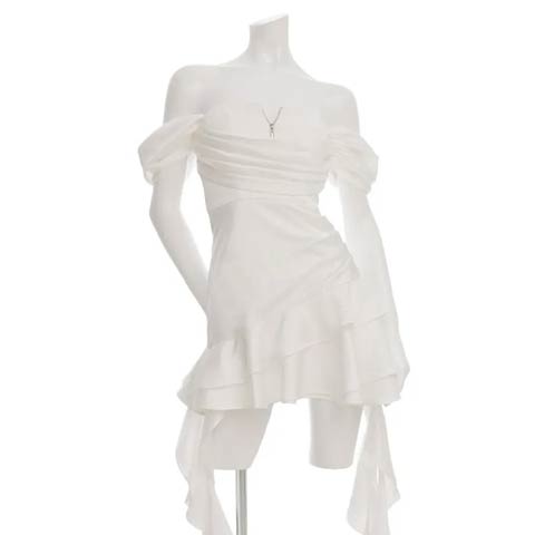 12/12新作!【今だけポイント20倍】[an]オフショルジップラインストーンドレープフリルAラインミニ丈キャバドレス[AOC-4033](ホワイト-XSサイズ)