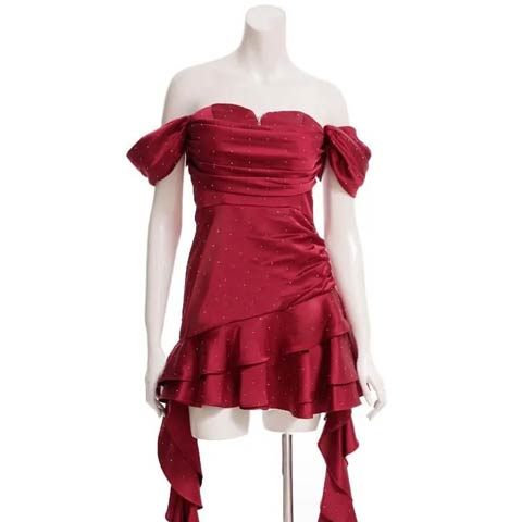 12/12新作!【今だけポイント20倍】[an]オフショルジップラインストーンドレープフリルAラインミニ丈キャバドレス[AOC-4033](レッド-XSサイズ)