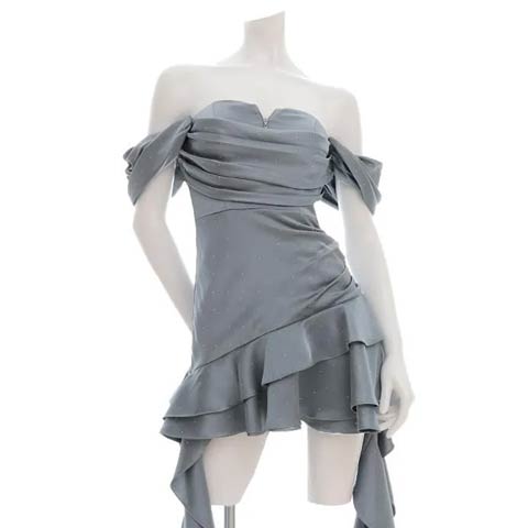 12/12新作!【今だけポイント20倍】[an]オフショルジップラインストーンドレープフリルAラインミニ丈キャバドレス[AOC-4033](ブルー-XSサイズ)