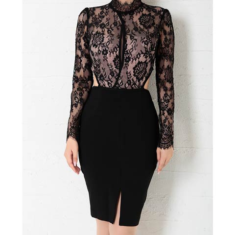 12/17新作!【今だけポイント20倍】[Andy]ハイネックカットヌーディレース長袖タイトミニ丈キャバドレス[AN-OK2770](ブラック-Sサイズ)