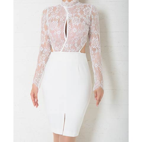 12/17新作!【今だけポイント20倍】[Andy]ハイネックカットヌーディレース長袖タイトミニ丈キャバドレス[AN-OK2770](ホワイト-Sサイズ)