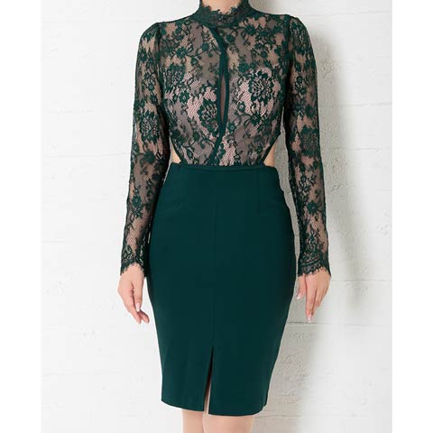 12/17新作!【今だけポイント20倍】[Andy]ハイネックカットヌーディレース長袖タイトミニ丈キャバドレス[AN-OK2770](グリーン-Sサイズ)