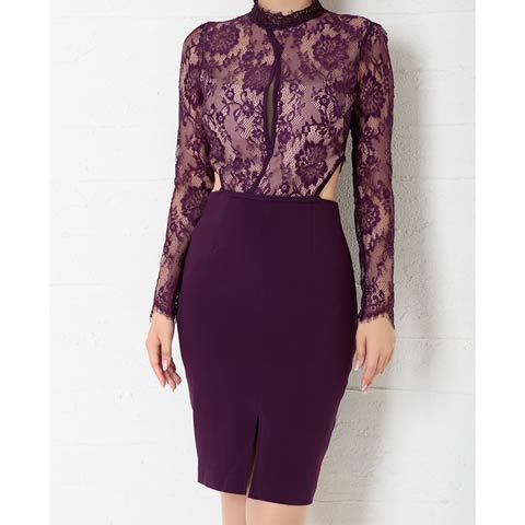 12/17新作!【今だけポイント20倍】[Andy]ハイネックカットヌーディレース長袖タイトミニ丈キャバドレス[AN-OK2770](パープル-Sサイズ)