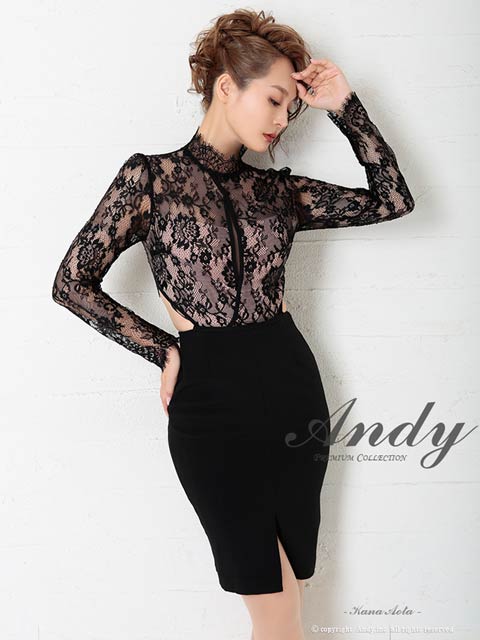 12/17新作!【今だけポイント20倍】[Andy]ハイネックカットヌーディレース長袖タイトミニ丈キャバドレス[AN-OK2770]