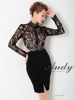 12/17新作!【今だけポイント20倍】[Andy]ハイネックカットヌーディレース長袖タイトミニ丈キャバドレス[AN-OK2770]
