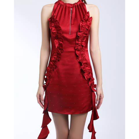 12/17新作!【今だけポイント20倍】[an]フロントジップサテンストーンサイドフリルタイトミニ丈キャバドレス[AOC-4031](レッド-XSサイズ)