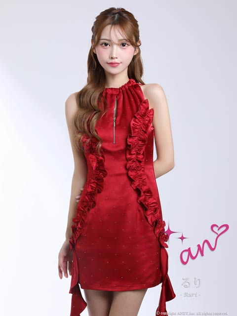 12/17新作!【今だけポイント20倍】[an]フロントジップサテンストーンサイドフリルタイトミニ丈キャバドレス[AOC-4031]