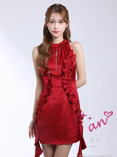 12/17新作!【今だけポイント20倍】[an]フロントジップサテンストーンサイドフリルタイトミニ丈キャバドレス[AOC-4031]