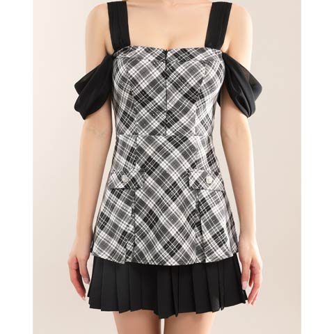 12/22新作!【今だけポイント20倍】[an]チェック柄ジップアップバックリボンプリーツAラインミニ丈キャバドレス[AOC-4038](ブラック-Sサイズ)