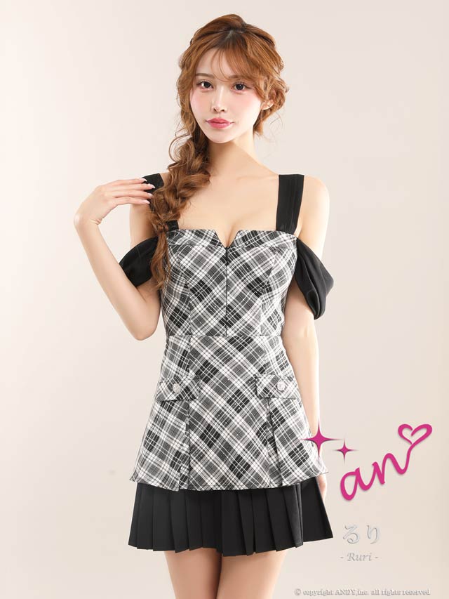 12/22新作!【今だけポイント20倍】[an]チェック柄ジップアップバックリボンプリーツAラインミニ丈キャバドレス[AOC-4038]