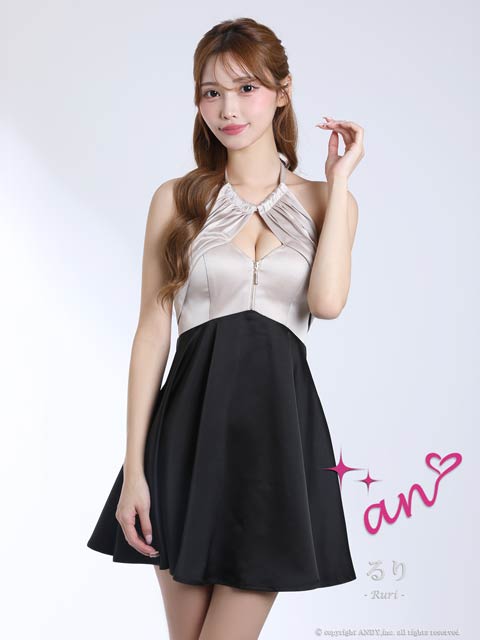 12/22新作!【今だけポイント20倍】[an]バイカラーサテンホルターネック胸元ジップAラインミニ丈キャバドレス[AOC-4039]