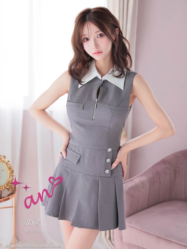 12/24新作!【今だけポイント20倍】[an]ノースリーブ襟付きジップビジューボタンプリーツAラインミニ丈セットアップ[AOC-4004]