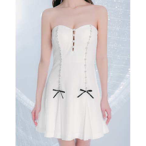 12/26新作!【今だけポイント20倍】[an]ベアトップビジューリボンプリーツAラインミニ丈キャバドレス[AOC-4035](ホワイト-Sサイズ)