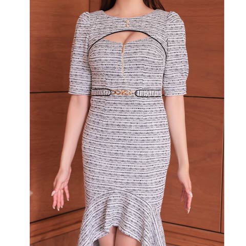 12/26新作!【今だけポイント20倍】[Andy]ツイードフロントジップカットアウト五分袖マーメイド膝丈キャバドレス[AN-ON2848](ホワイト×ブラック-Sサイズ)