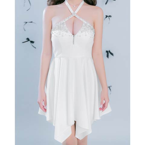 1/5新作!【今だけポイント20倍】[an]クロスホルターネックカットアウトビジューAラインミニ丈キャバドレス[AOC-4037](ホワイト-Sサイズ)