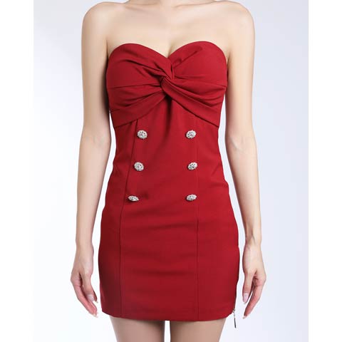 1/5新作!【今だけポイント20倍】[an]ベアトップフロントツイストビジューボタンタイトミニ丈キャバドレス[AOC-4040](レッド-Sサイズ)