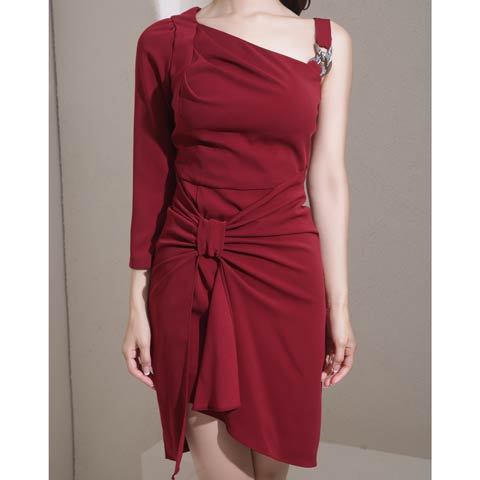 1/5新作!【今だけポイント20倍】[Andy]アシメワンショルダーリボン風七分袖タイトミニ丈キャバドレス[AN-ON2958](ワインレッド-Sサイズ)