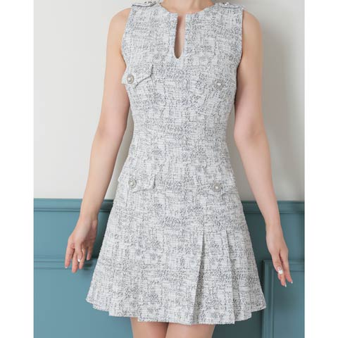 1/7新作!【今だけポイント20倍】[Andy]ツイードバックオープンプリーツAラインミニ丈キャバドレス[AN-OK2779](ライトグレー-Sサイズ)