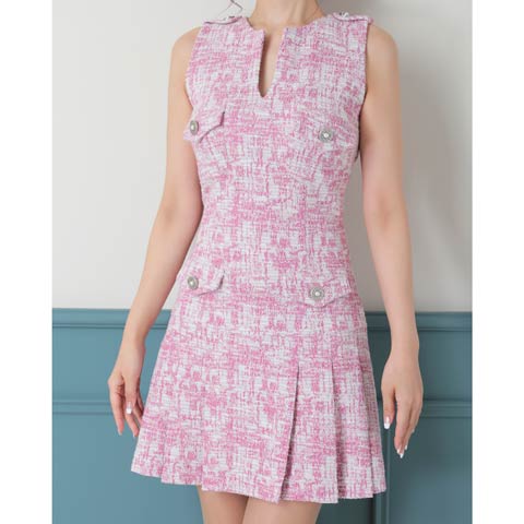 1/7新作!【今だけポイント20倍】[Andy]ツイードバックオープンプリーツAラインミニ丈キャバドレス[AN-OK2779](ピンク-Sサイズ)