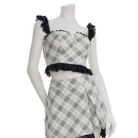 1/14新作!【今だけポイント20倍】[an]2wayキャミソールチェック柄フリルレースジップAラインミニ丈セットアップ[AOC-4042](ホワイト-XSサイズ)