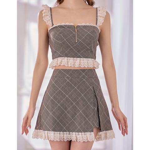 1/14新作!【今だけポイント20倍】[an]2wayキャミソールチェック柄フリルレースジップAラインミニ丈セットアップ[AOC-4042](ブラウン-XSサイズ)