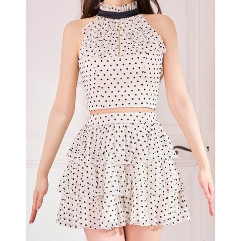 1/14新作!【今だけポイント20倍】[an]アメスリ胸元ジップドットハートフリルAラインミニ丈セットアップ[AOC-4042](ベージュ-Sサイズ)