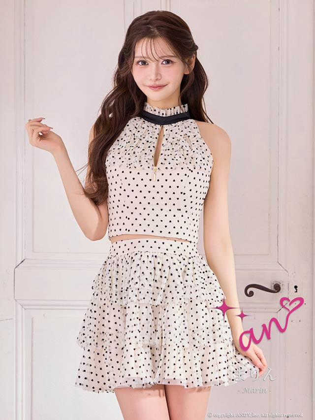 1/14新作!【今だけポイント20倍】[an]アメスリ胸元ジップドットハートフリルAラインミニ丈セットアップ[AOC-4042]