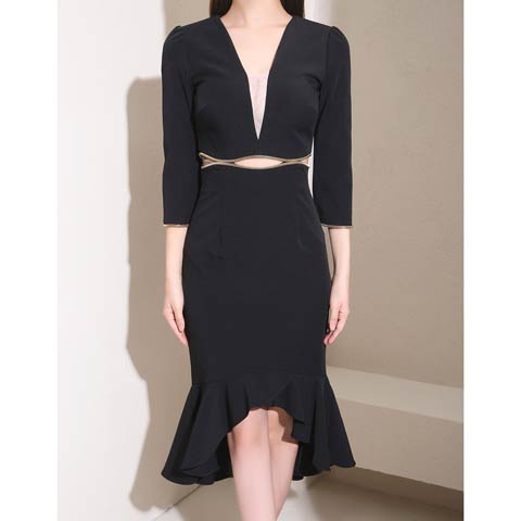 1/16新作!【今だけポイント20倍】[Andy]Vネックシアーウエストカット七分袖マーメイド膝丈キャバドレス[AN-OK2690](ブラック-Sサイズ)